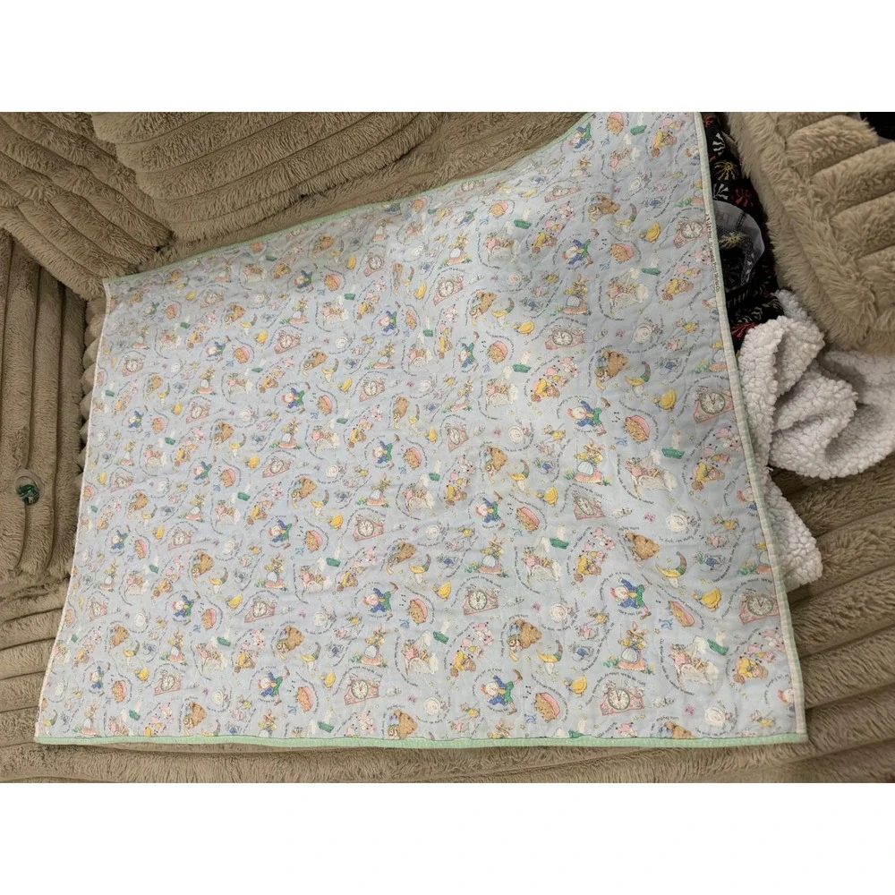 Vintage Mother Goose Nursery Rhyme Baby Quilt Blanket Reversible Mint Green Blue